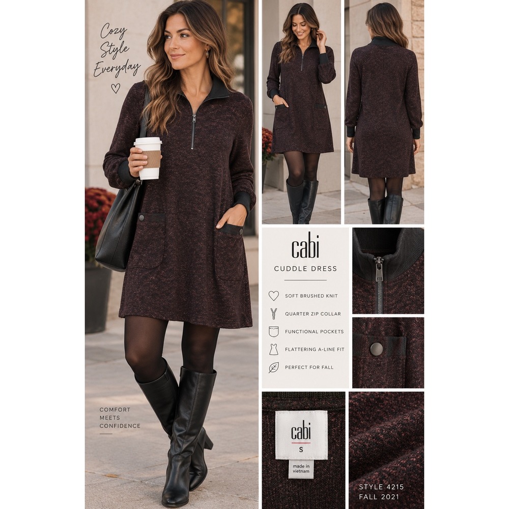 Cabi Cuddle Dress Small 4215 Burgundy Black 1/4 Zip Sweater Dress Pockets